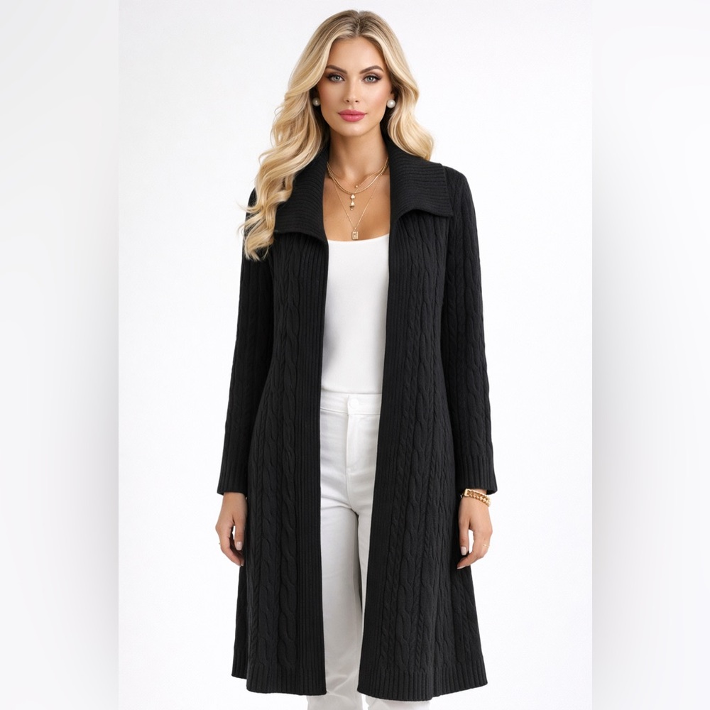 Neiman Marcus Cashmere Black Cable Knit Cardigan Open Front Duster Sweater